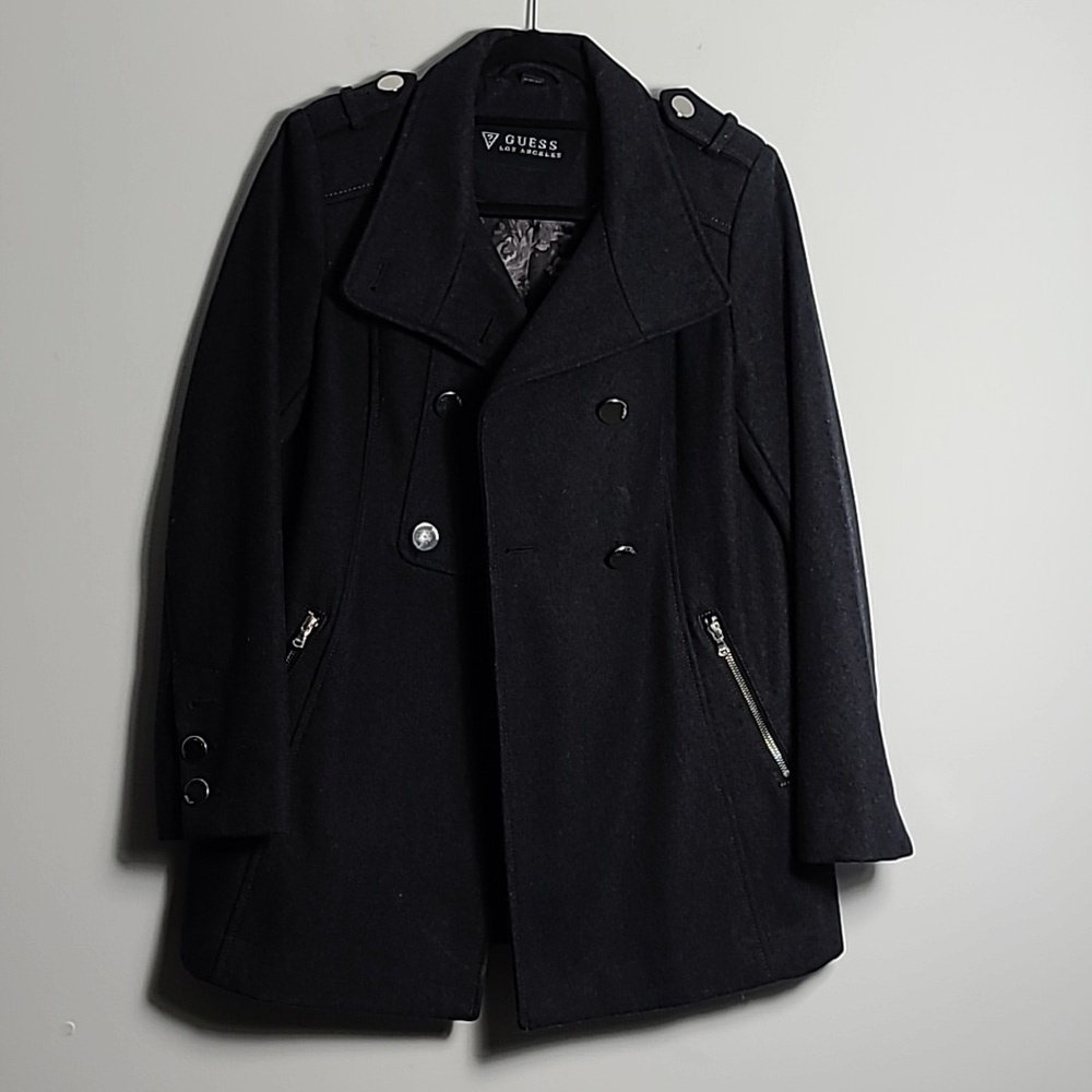 GUESS LOS ANGELES Dark Grey Wool Long Sleeve Button Up Coat Size Petite Small - Picture 6 of 16